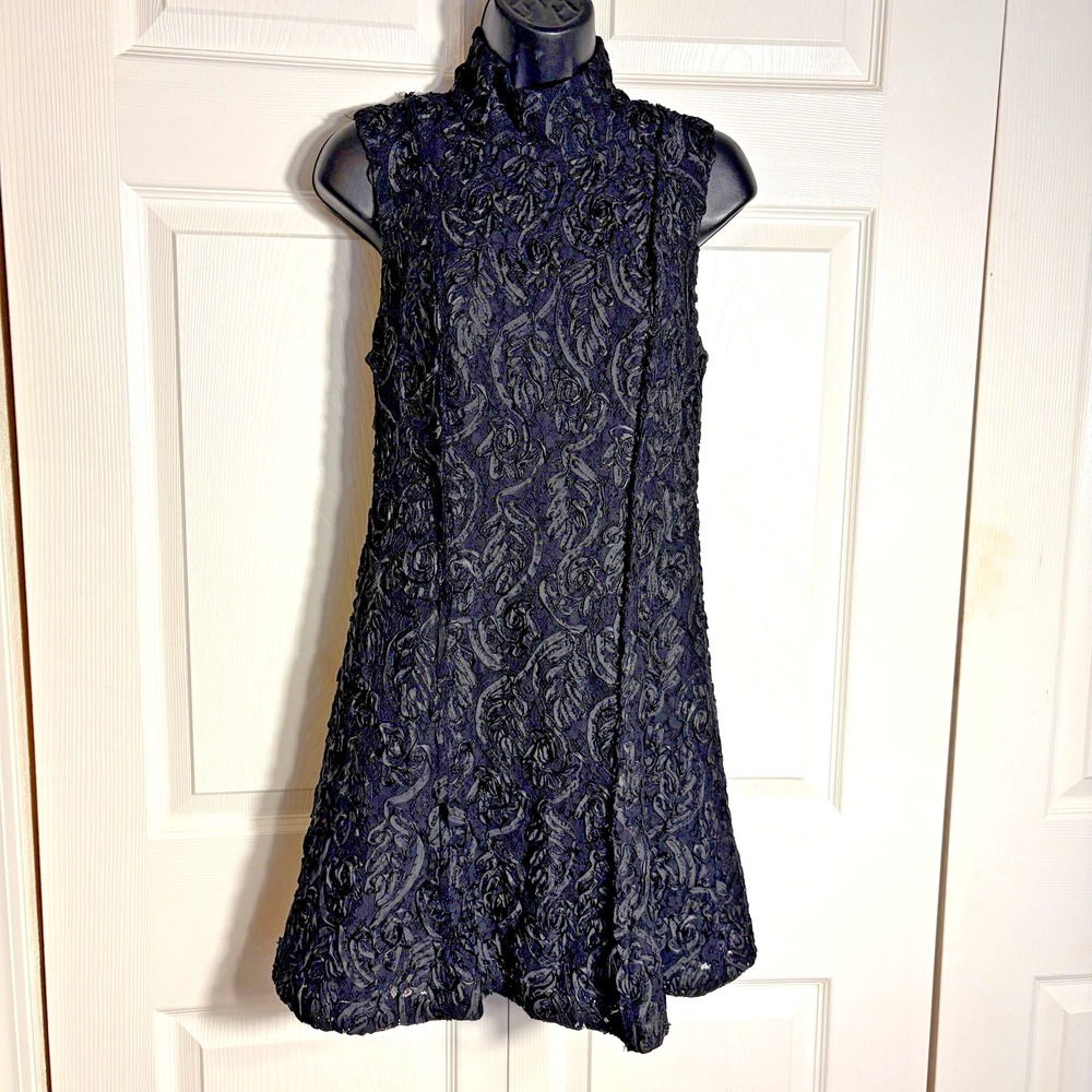 Free People Textured Rosette Mock Neck Mini Dress Women 4 Black Sleeveless Party